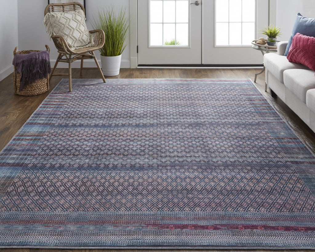 5 X 8 Tan Blue And Pink Striped Power Loom Area Rug Image 5