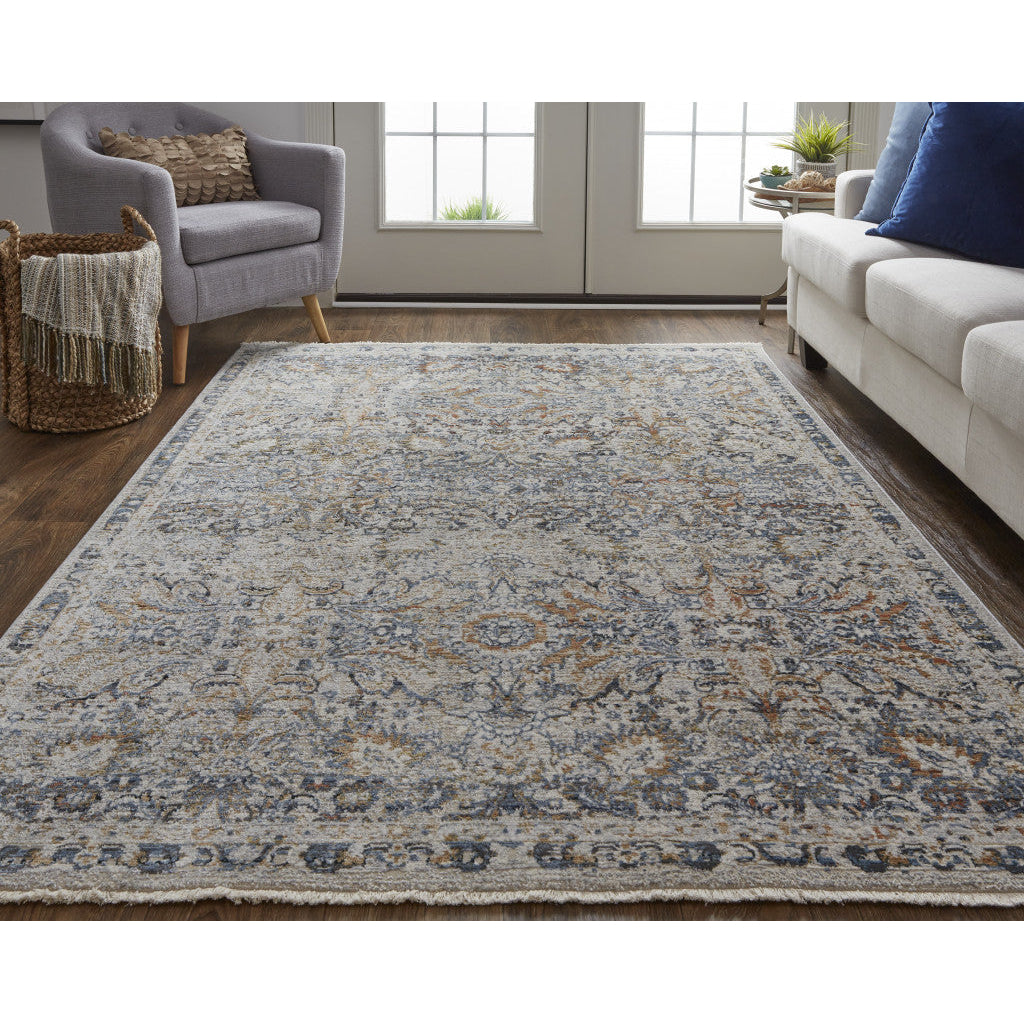 5 X 8 Tan Blue And Orange Floral Power Loom Distressed Area Rug With Fringe Image 12