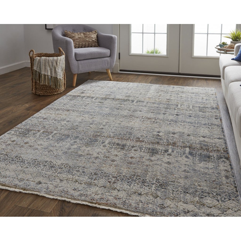 5 X 8 Tan Ivory And Blue Geometric Power Loom Distressed Area Rug With Fringe Image 12