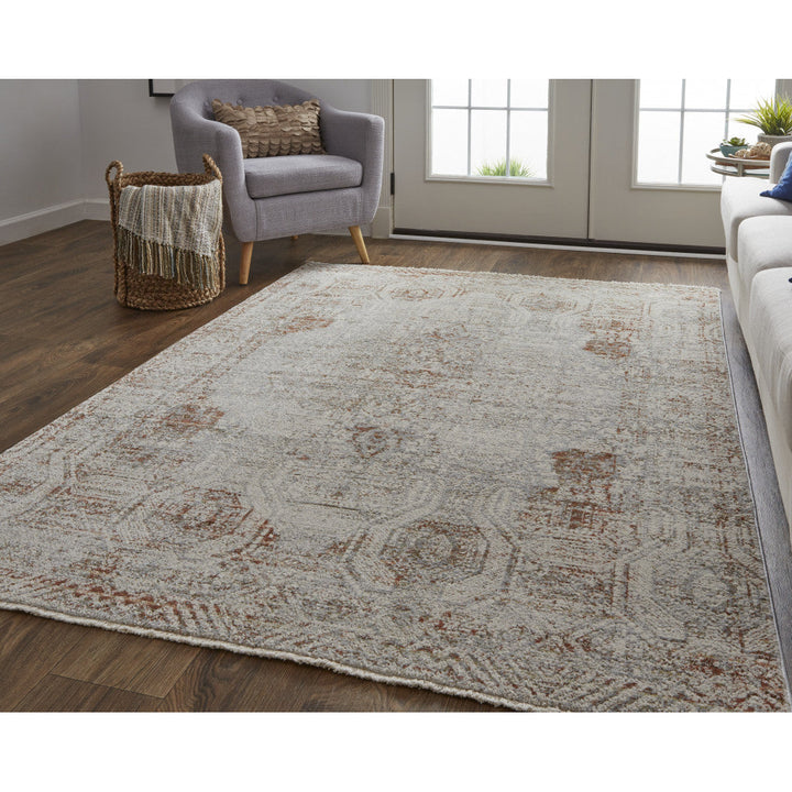 5 X 8 Tan Ivory And Orange Floral Power Loom Distressed Area Rug With Fringe Image 3