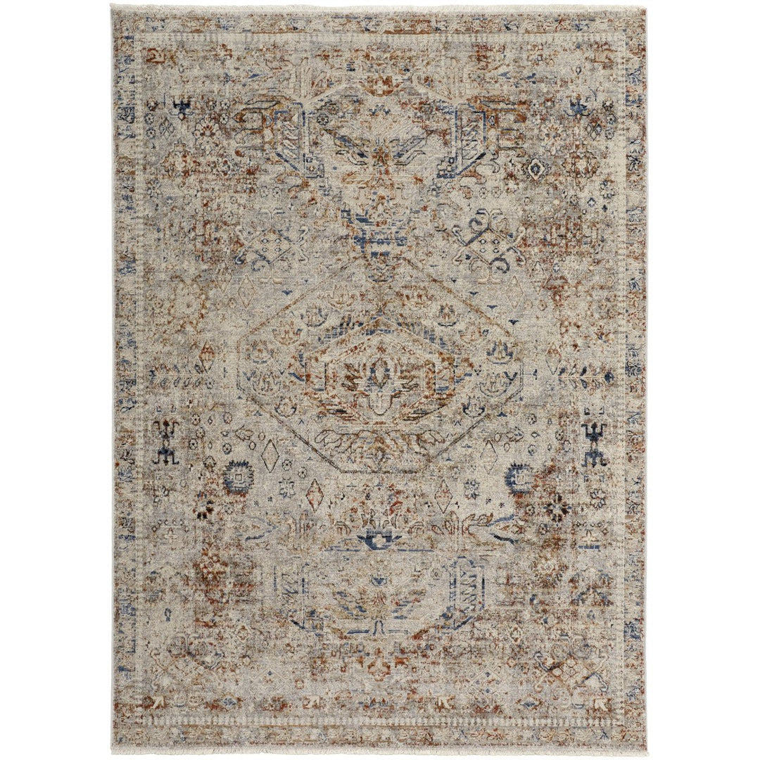 12 Ivory Blue and Orange Medallion Power Loom Distressed Runner Rug With Fringe Image 1