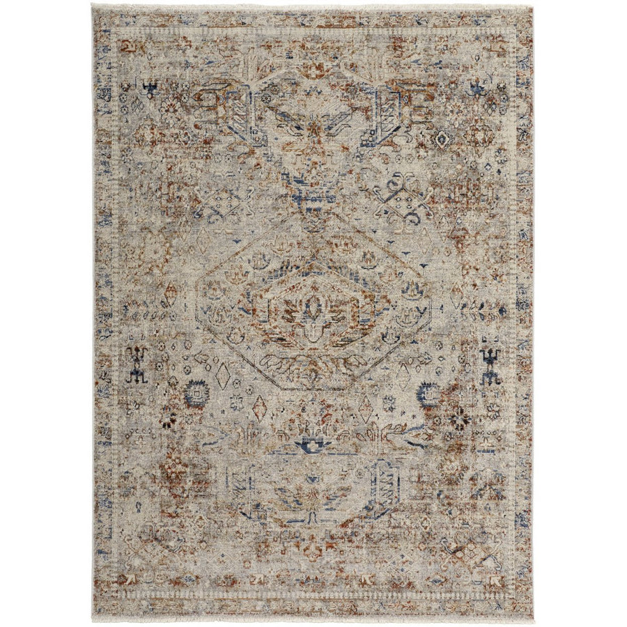 12 Ivory Blue and Orange Medallion Power Loom Distressed Runner Rug With Fringe Image 1