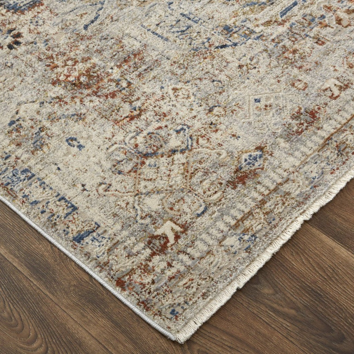 12 Ivory Blue and Orange Medallion Power Loom Distressed Runner Rug With Fringe Image 7