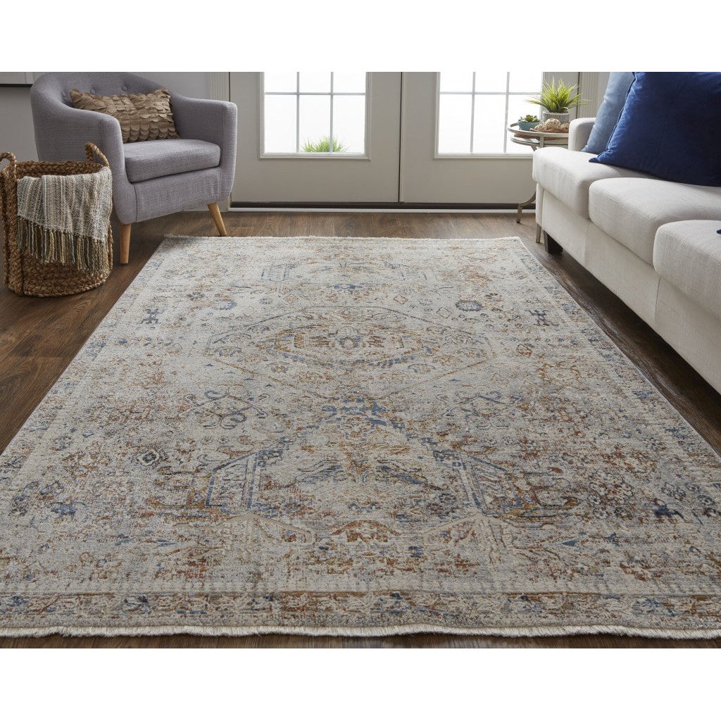 12 Ivory Blue and Orange Medallion Power Loom Distressed Runner Rug With Fringe Image 3