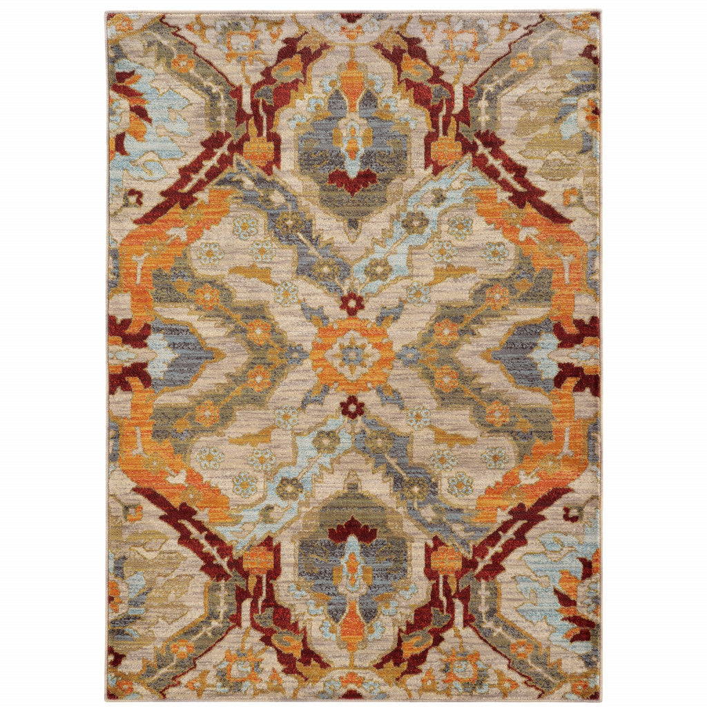 6 X 9 Beige Orange Blue Gold And Grey Abstract Power Loom Stain Resistant Area Rug Image 1