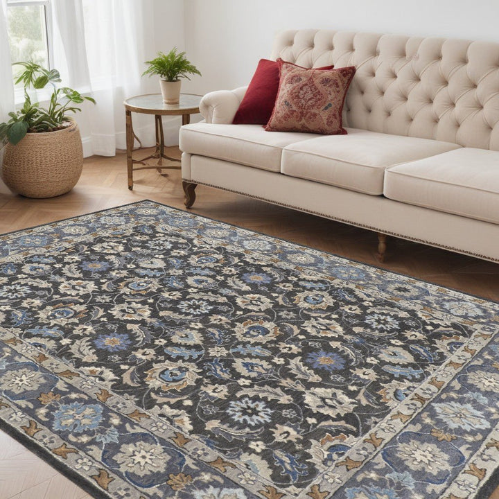 9 x 12 Taupe and Ivory Wool Floral Hand Tufted Area Rug Image 1