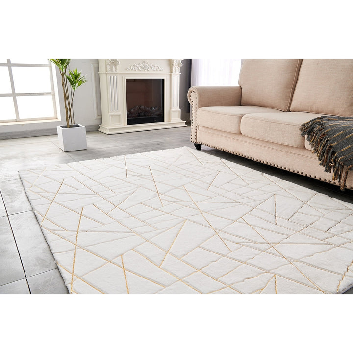 3 X 5 White and Gold Faux faux Abstract Shag Non Skid Area Rug Image 9