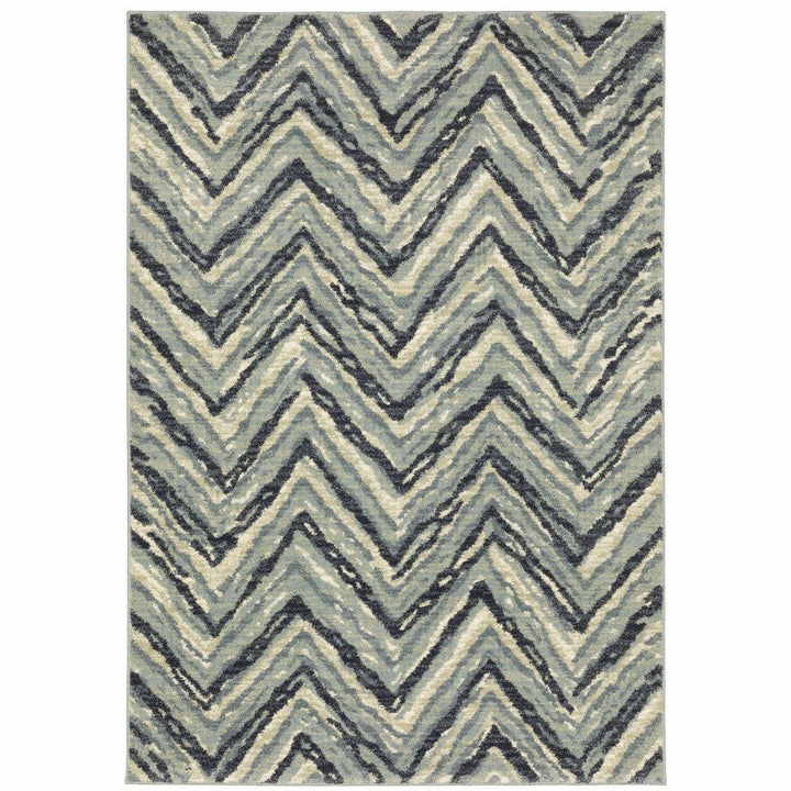 6 X 9 Blue Ivory Grey Beige And Light Blue Geometric Power Loom Stain Resistant Area Rug Image 1