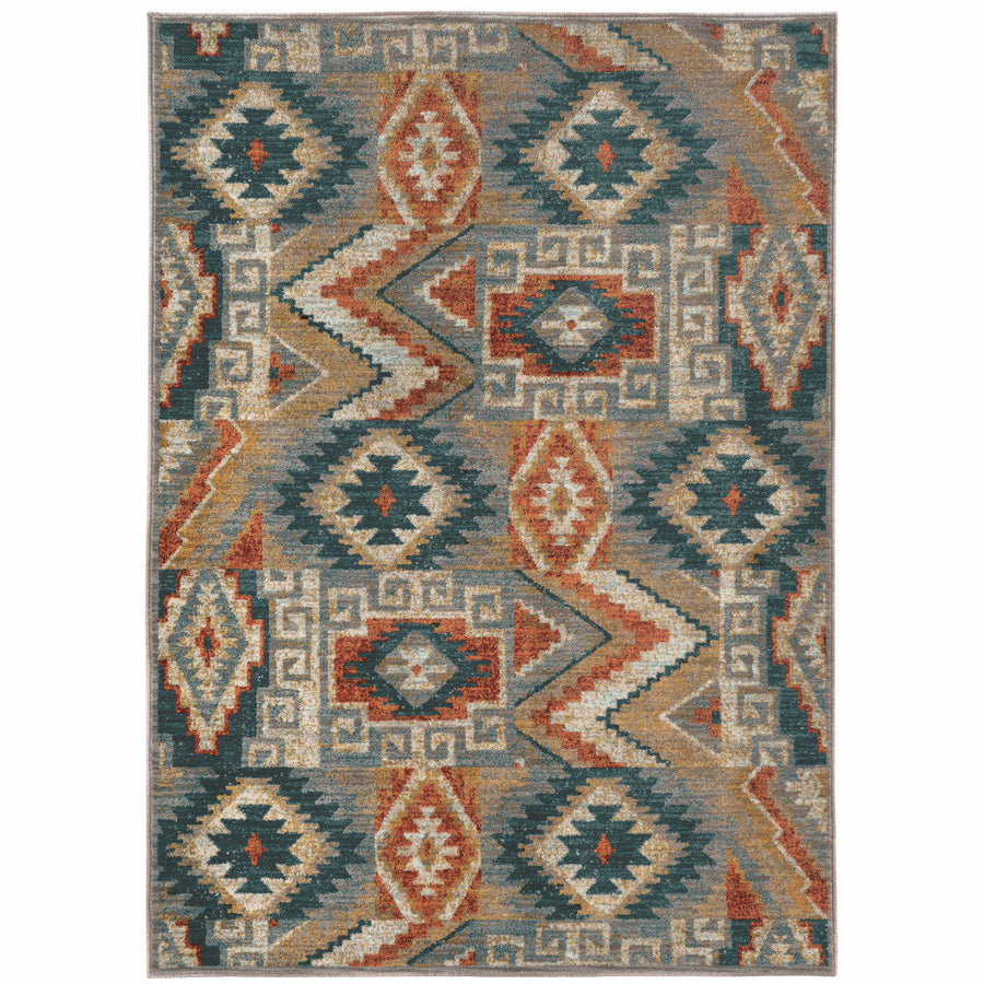 6 X 9 Blue Teal Grey Orange Gold Ivory And Rust Geometric Power Loom Stain Resistant Area Rug Image 1