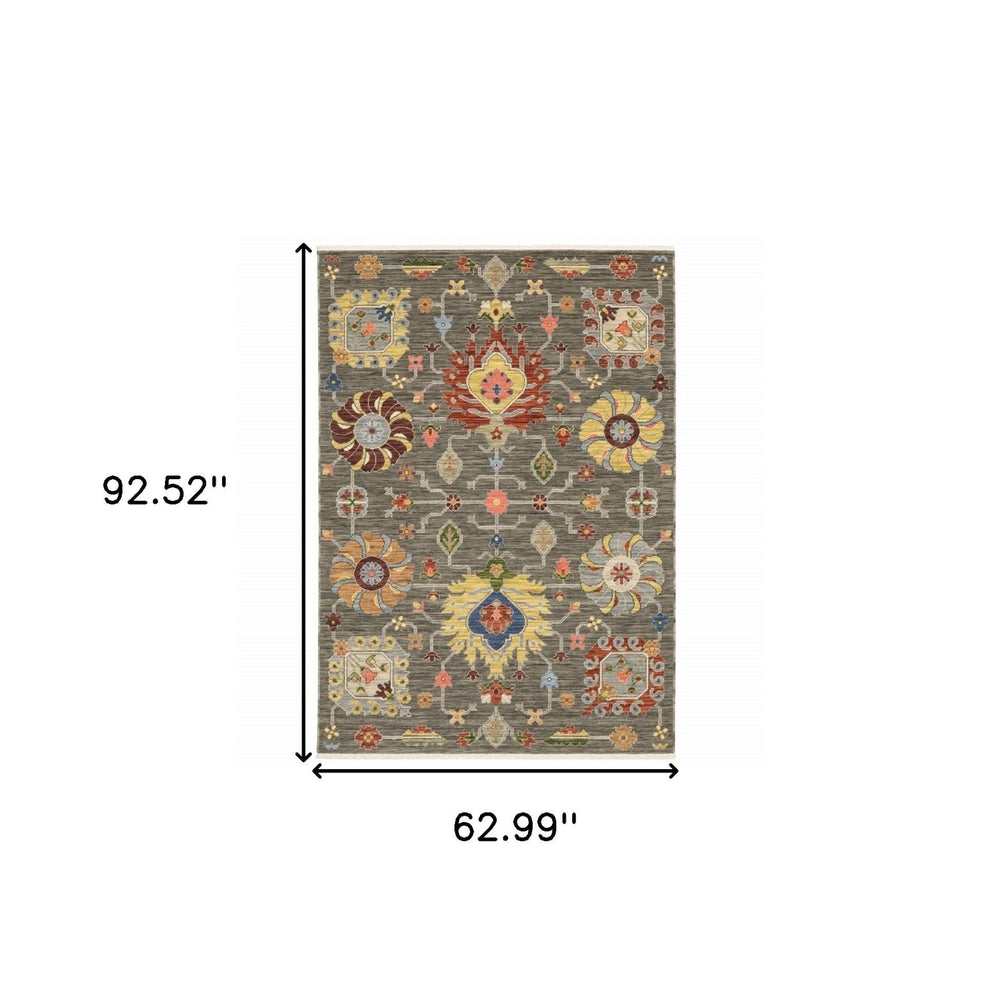 5 X 8 Grey Charcoal Yellow Blue Rust Red Pink Green And Ivory Oriental Power Loom Stain Resistant Area Rug With Fringe Image 2