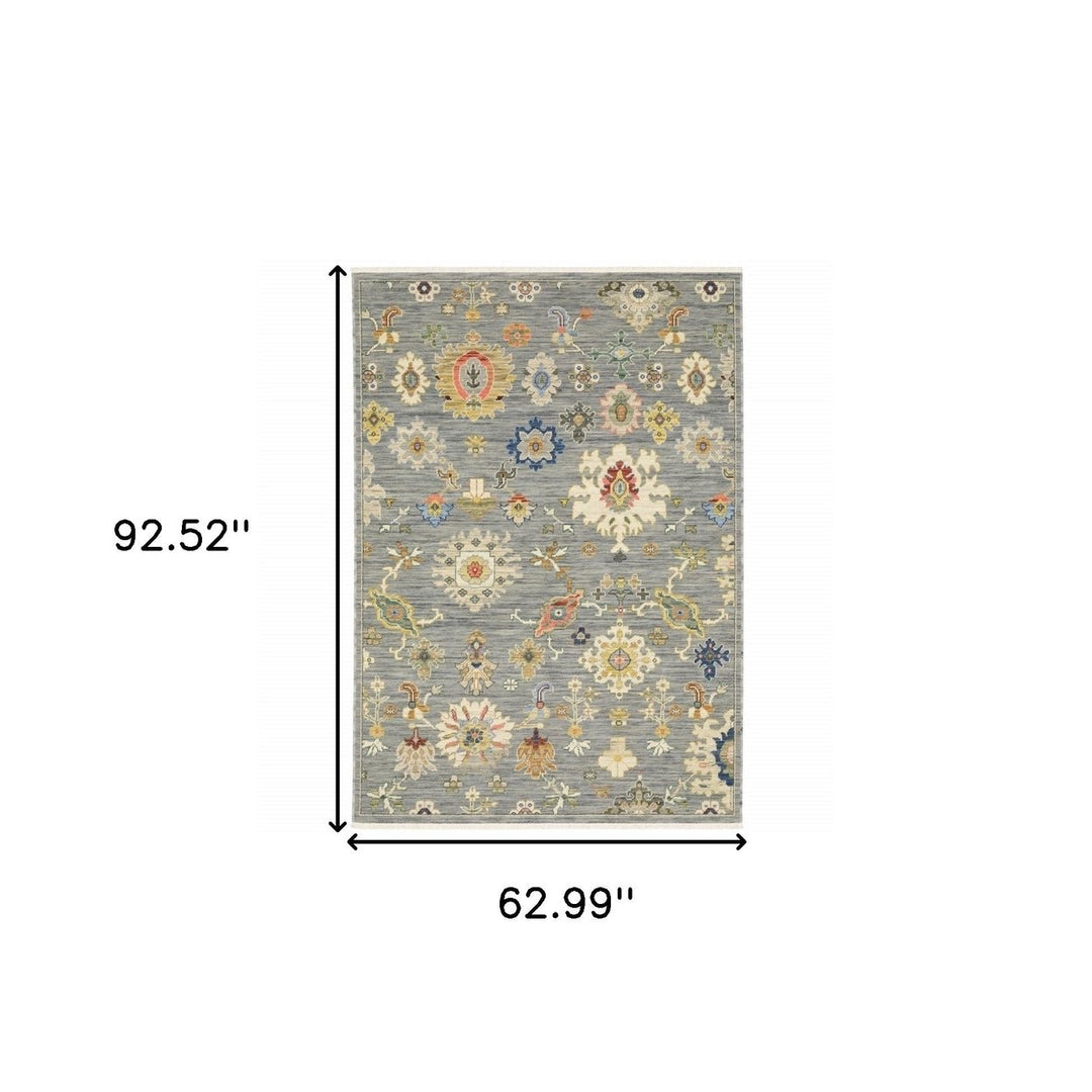 5 X 8 Grey Ivory Gold Salmon Red Blue And Green Oriental Power Loom Stain Resistant Area Rug With Fringe Image 4