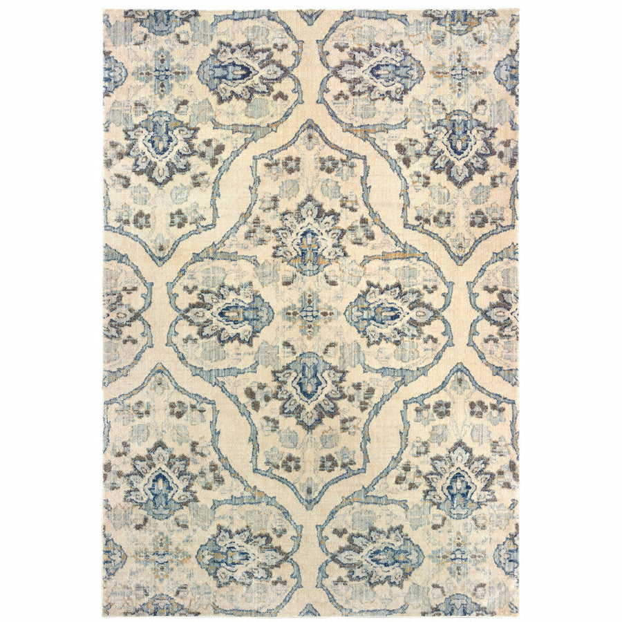 5 X 8 Ivory And Blue Floral Power Loom Stain Resistant Area Rug Image 1