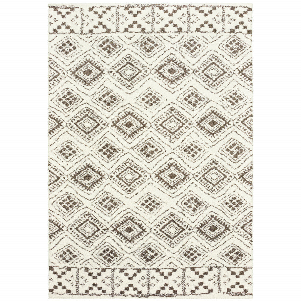 5 X 8 Ivory And Brown Geometric Shag Power Loom Stain Resistant Area Rug Image 1