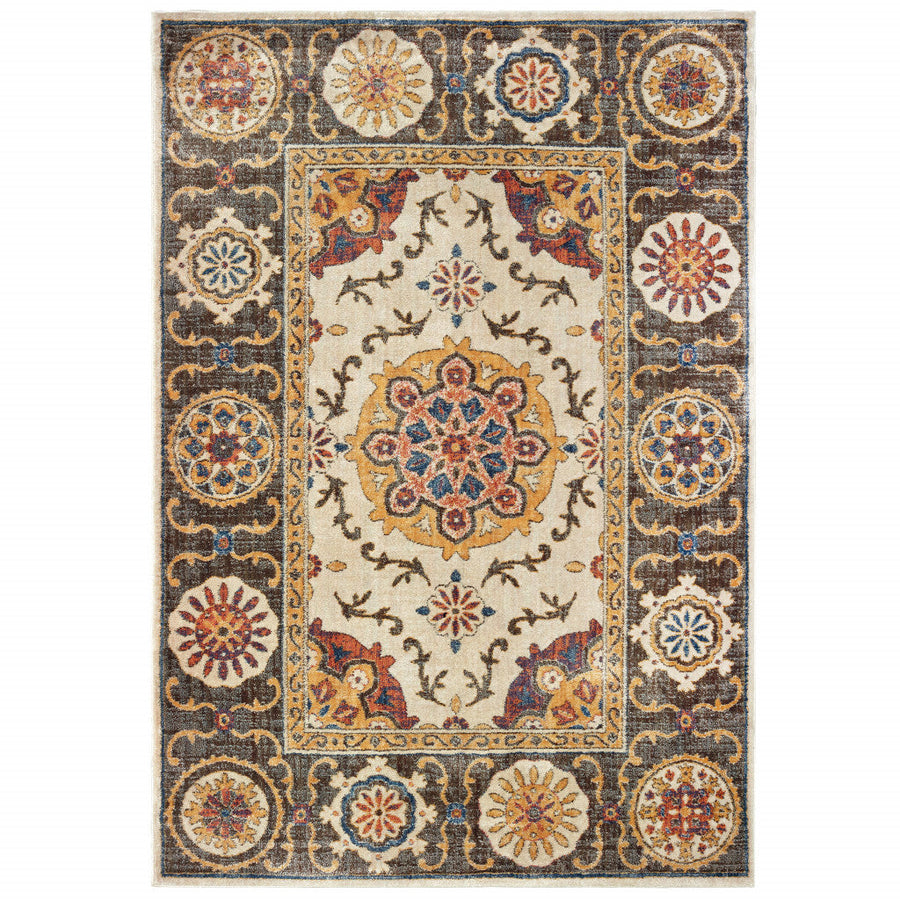 5 X 8 Ivory And Brown Oriental Power Loom Stain Resistant Area Rug Image 1