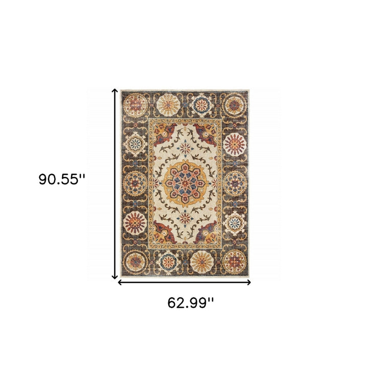 5 X 8 Ivory And Brown Oriental Power Loom Stain Resistant Area Rug Image 5