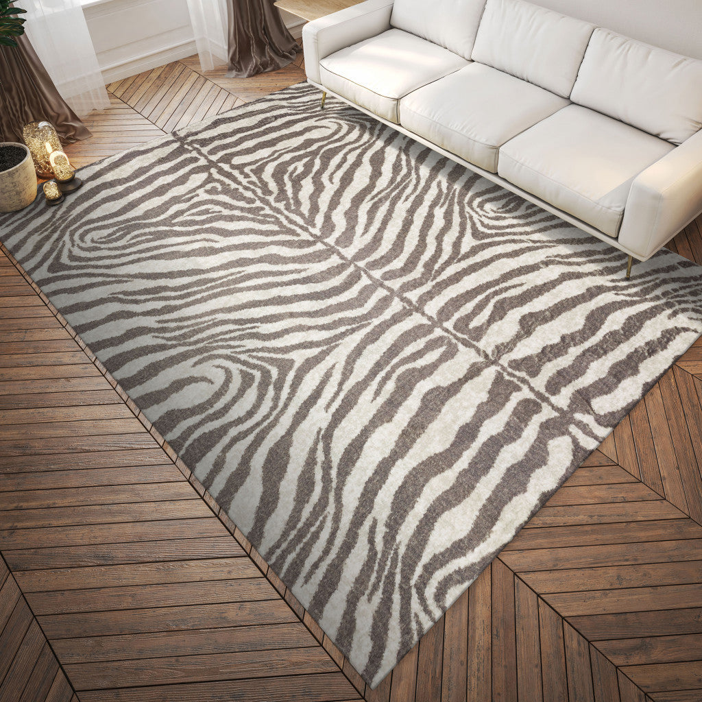 5 X 8 Mocha and Cream Zebra Print Shag Handmade Non Skid Area Rug Image 7