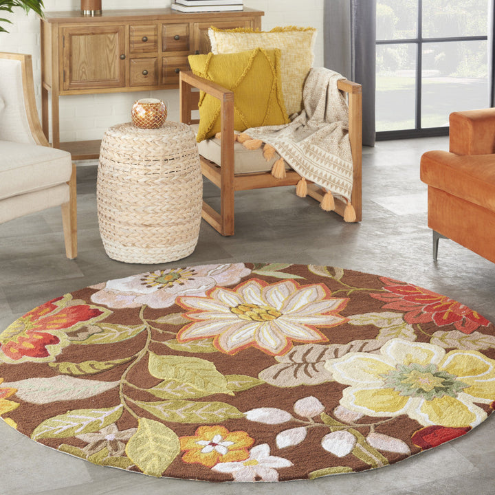 6 Brown Round Floral Hand Hooked Handmade Area Rug Image 8