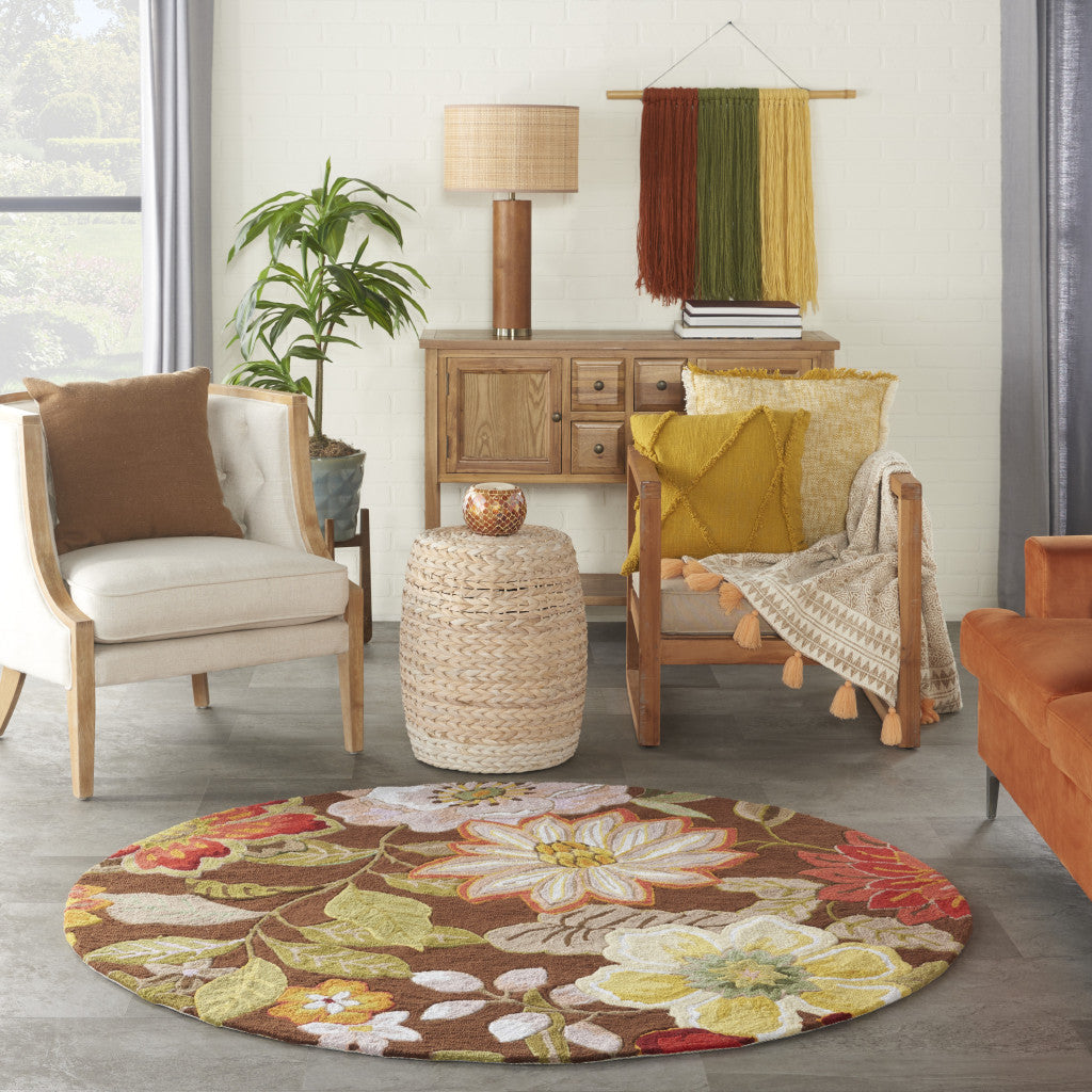 6 Brown Round Floral Hand Hooked Handmade Area Rug Image 9