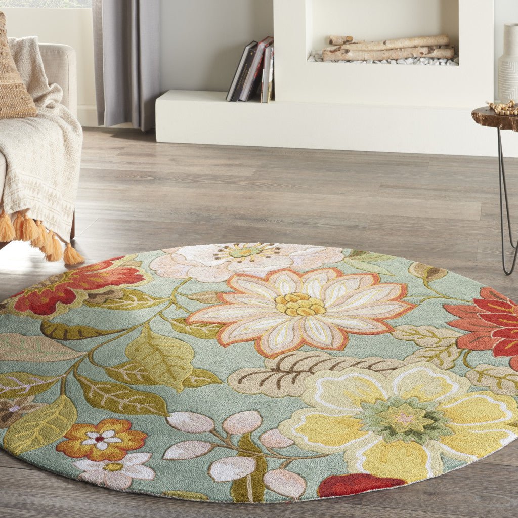 6 Green Round Floral Hand Hooked Handmade Area Rug Image 8