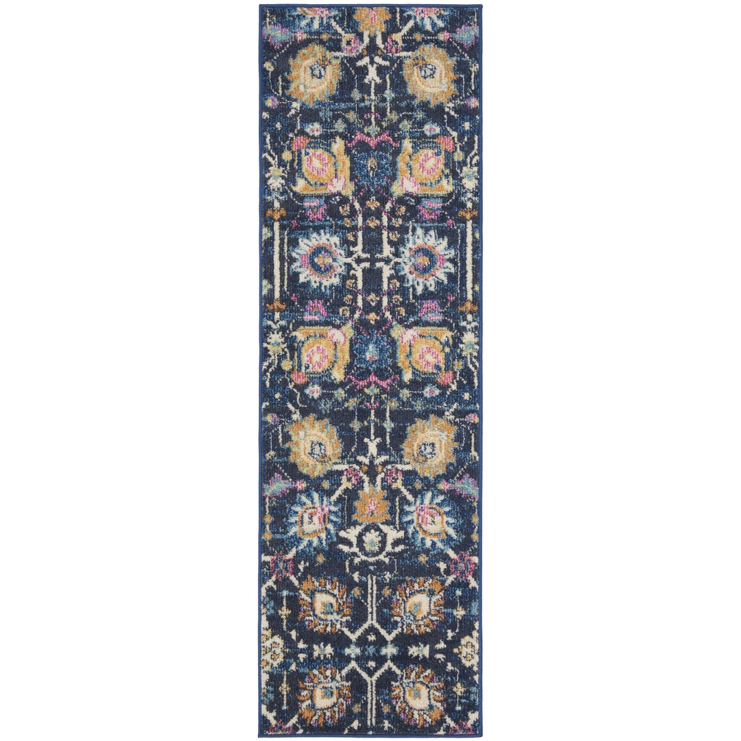 6 Navy Blue Floral Power Loom Runner Rug Image 1