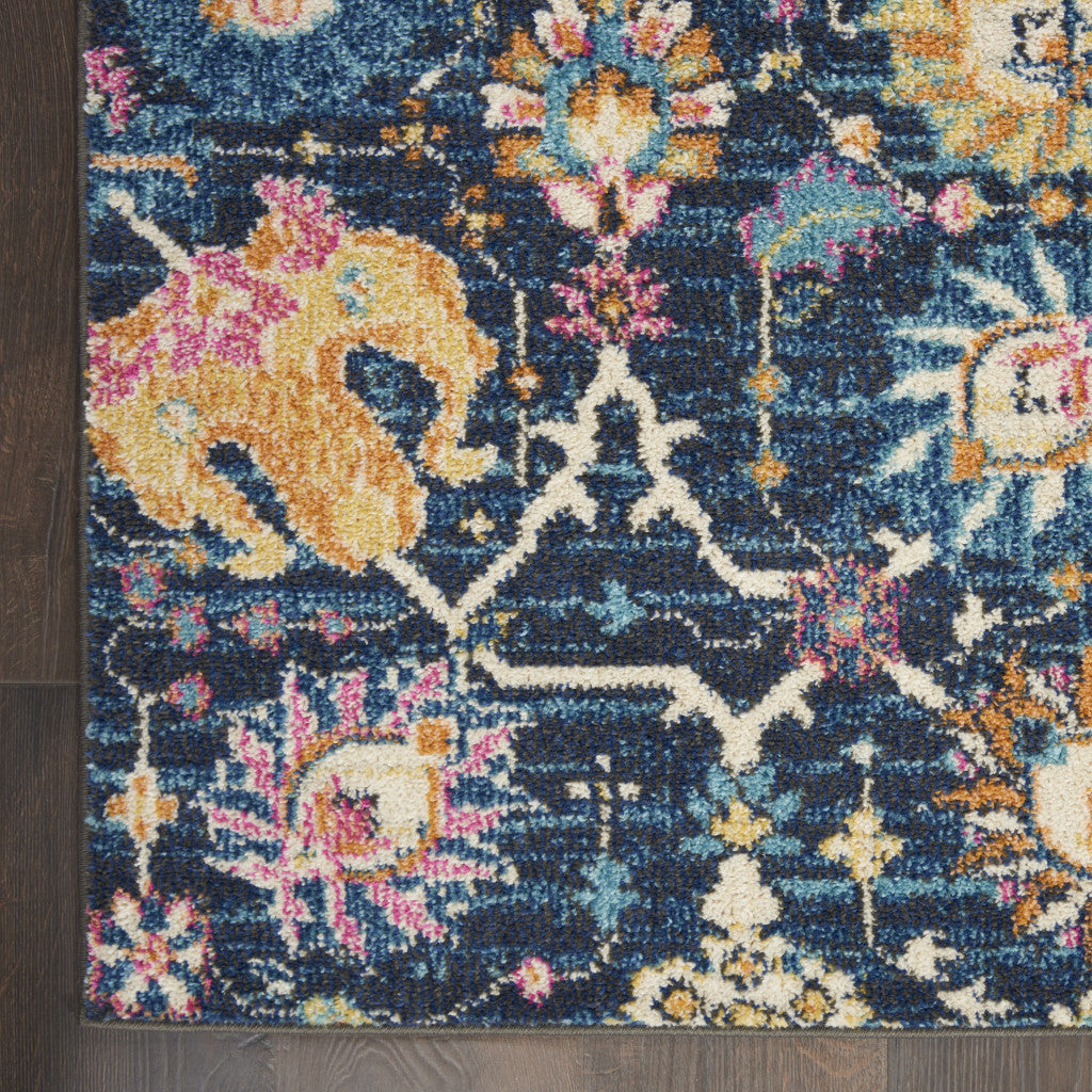 6 Navy Blue Floral Power Loom Runner Rug Image 3