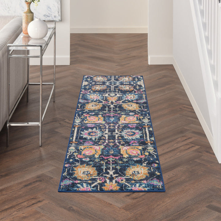 6 Navy Blue Floral Power Loom Runner Rug Image 7