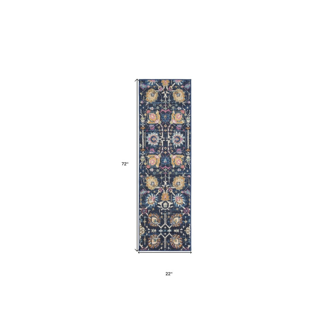 6 Navy Blue Floral Power Loom Runner Rug Image 8