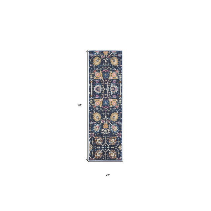 6 Navy Blue Floral Power Loom Runner Rug Image 8