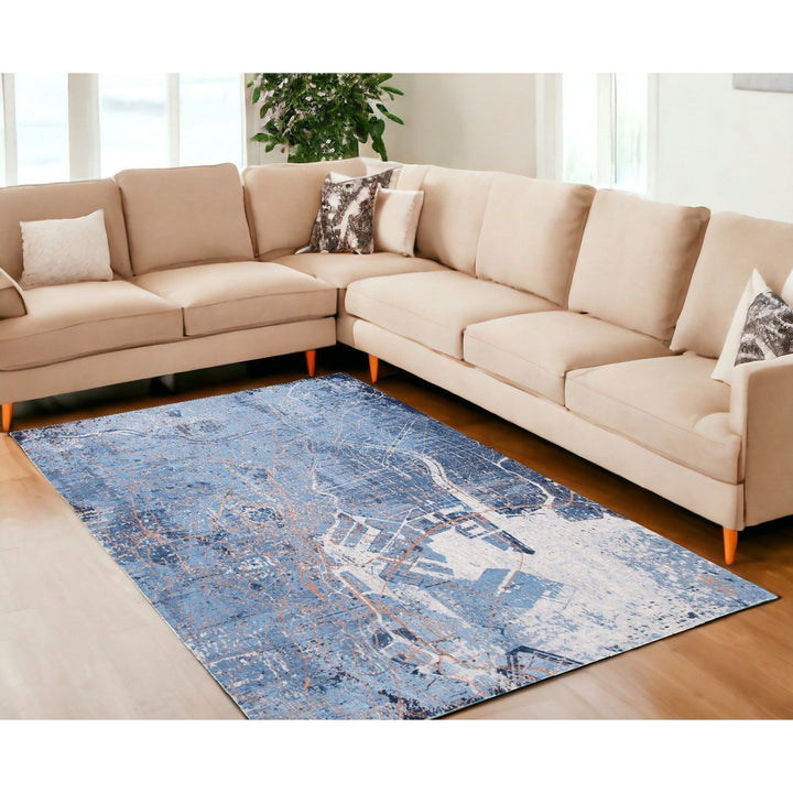 6 X 8 Blue and Black Abstract Non Skid Area Rug Image 1