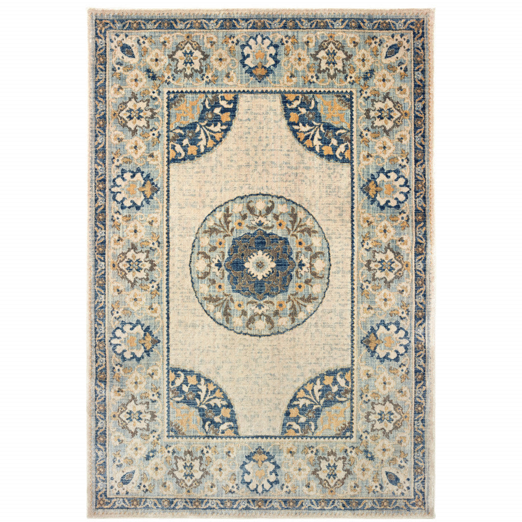 6 X 9 Ivory And Blue Oriental Power Loom Stain Resistant Area Rug Image 1