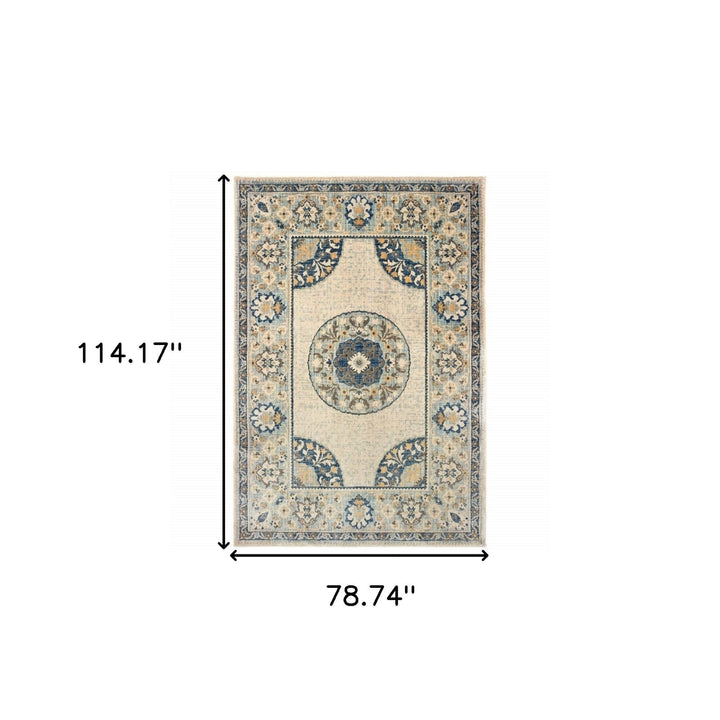 6 X 9 Ivory And Blue Oriental Power Loom Stain Resistant Area Rug Image 5