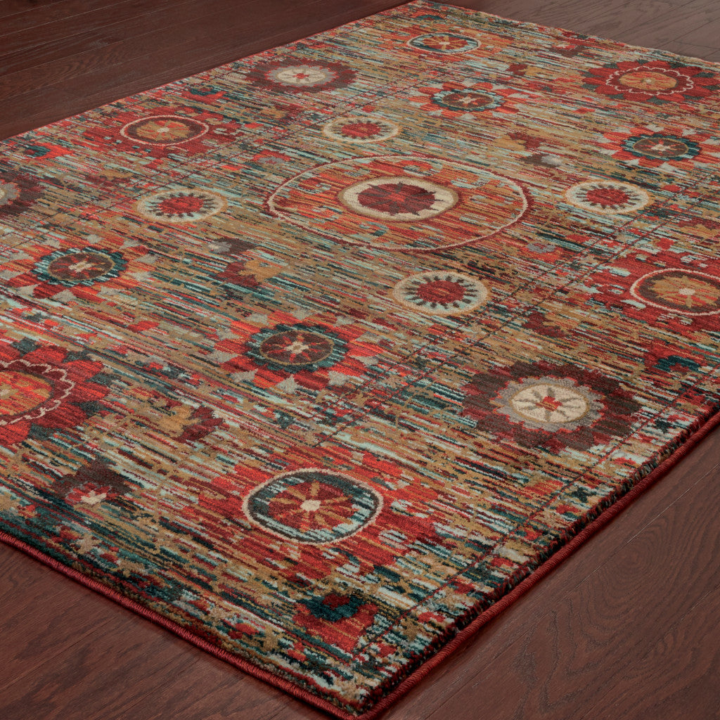 6 X 9 Red Gold Orange Green Ivory Rust And Blue Floral Power Loom Stain Resistant Area Rug Image 4