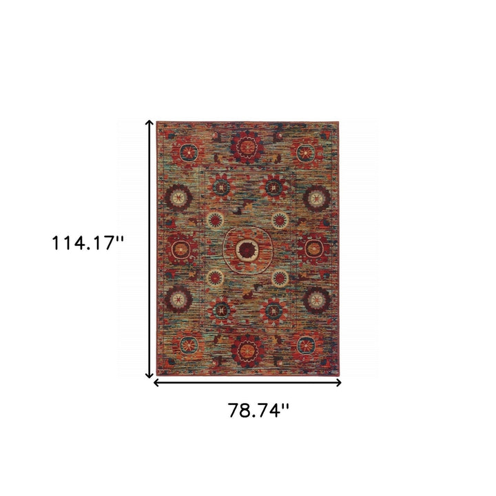 6 X 9 Red Gold Orange Green Ivory Rust And Blue Floral Power Loom Stain Resistant Area Rug Image 5