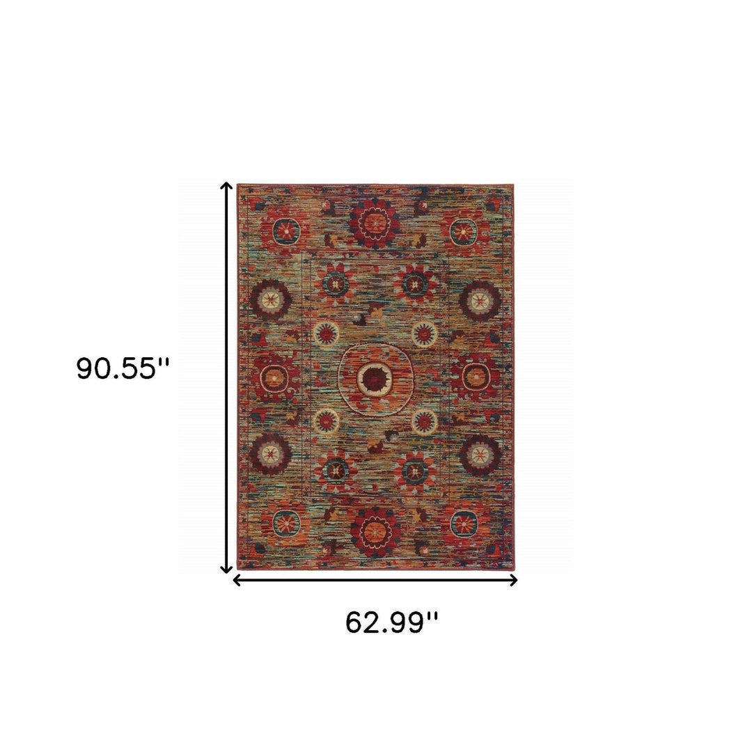 5 X 8 Red Gold Orange Green Ivory Rust And Blue Floral Power Loom Stain Resistant Area Rug Image 5