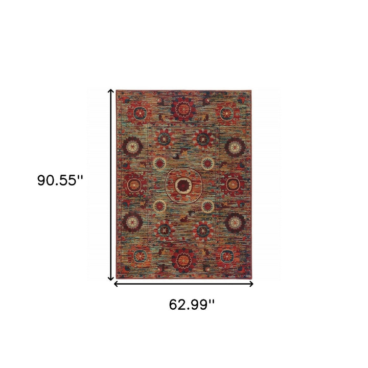 5 X 8 Red Gold Orange Green Ivory Rust And Blue Floral Power Loom Stain Resistant Area Rug Image 5