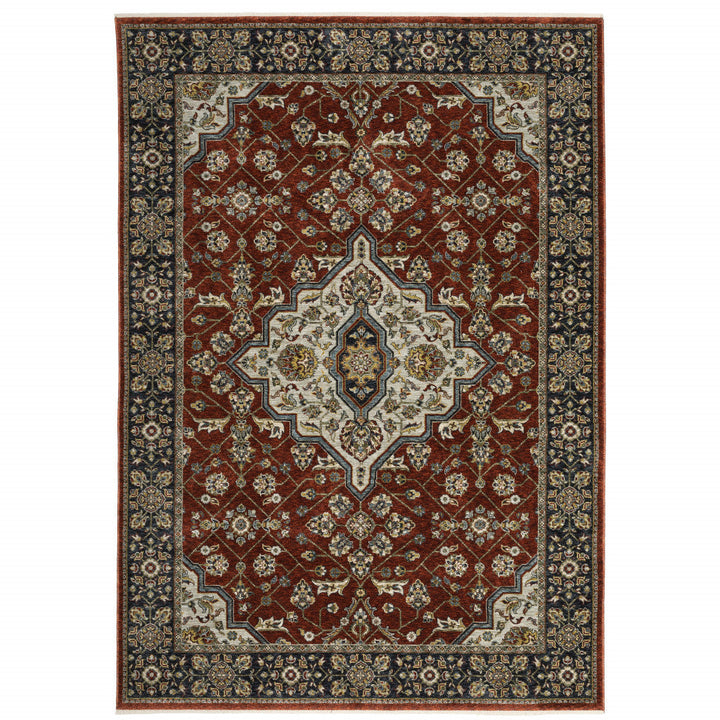 5 X 8 Red Ivory Blue Navy Gold And Grey Oriental Power Loom Stain Resistant Area Rug With Fringe Image 1