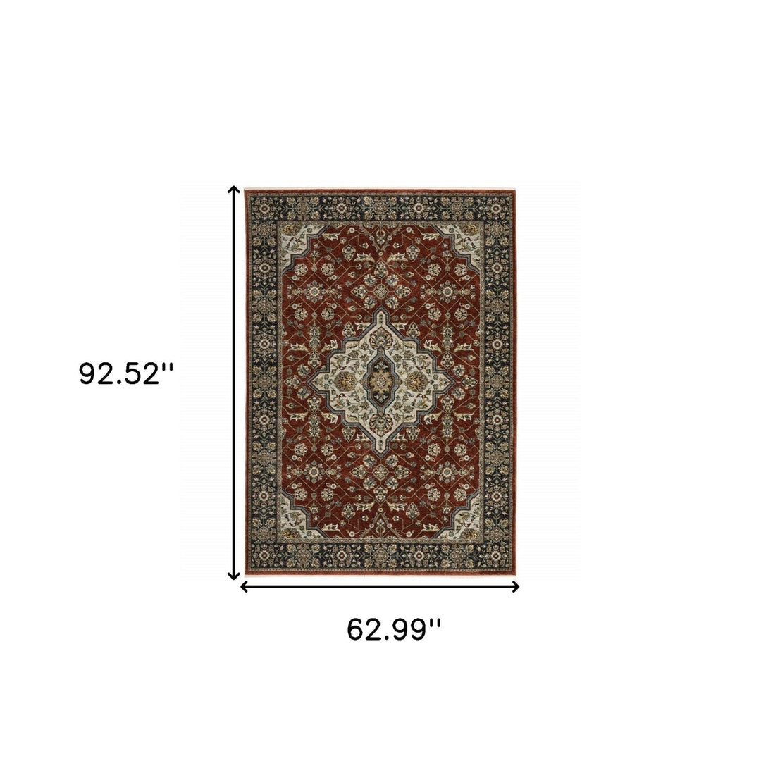 5 X 8 Red Ivory Blue Navy Gold And Grey Oriental Power Loom Stain Resistant Area Rug With Fringe Image 7