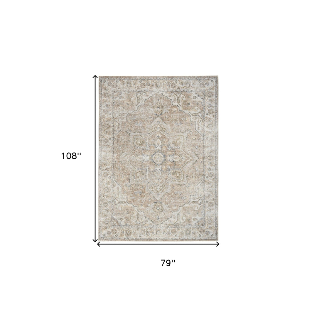 7 X 9 Beige Oriental Power Loom Washable Area Rug Image 7