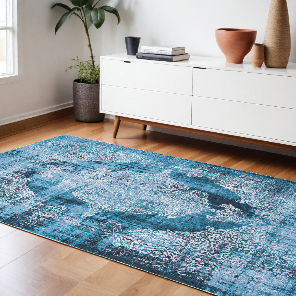 7 x 9 Blue and White Oriental Non Skid Area Rug Image 1