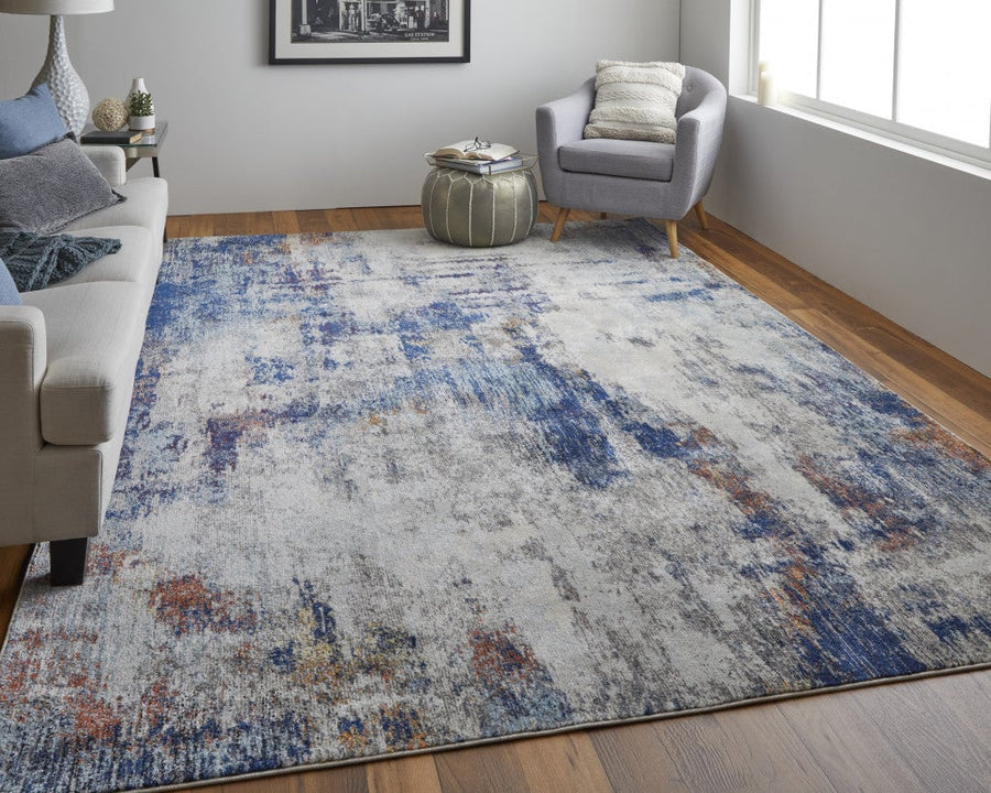 8 X 10 Ivory And Blue Abstract Power Loom Distressed Stain Resistant Area Rug Image 1