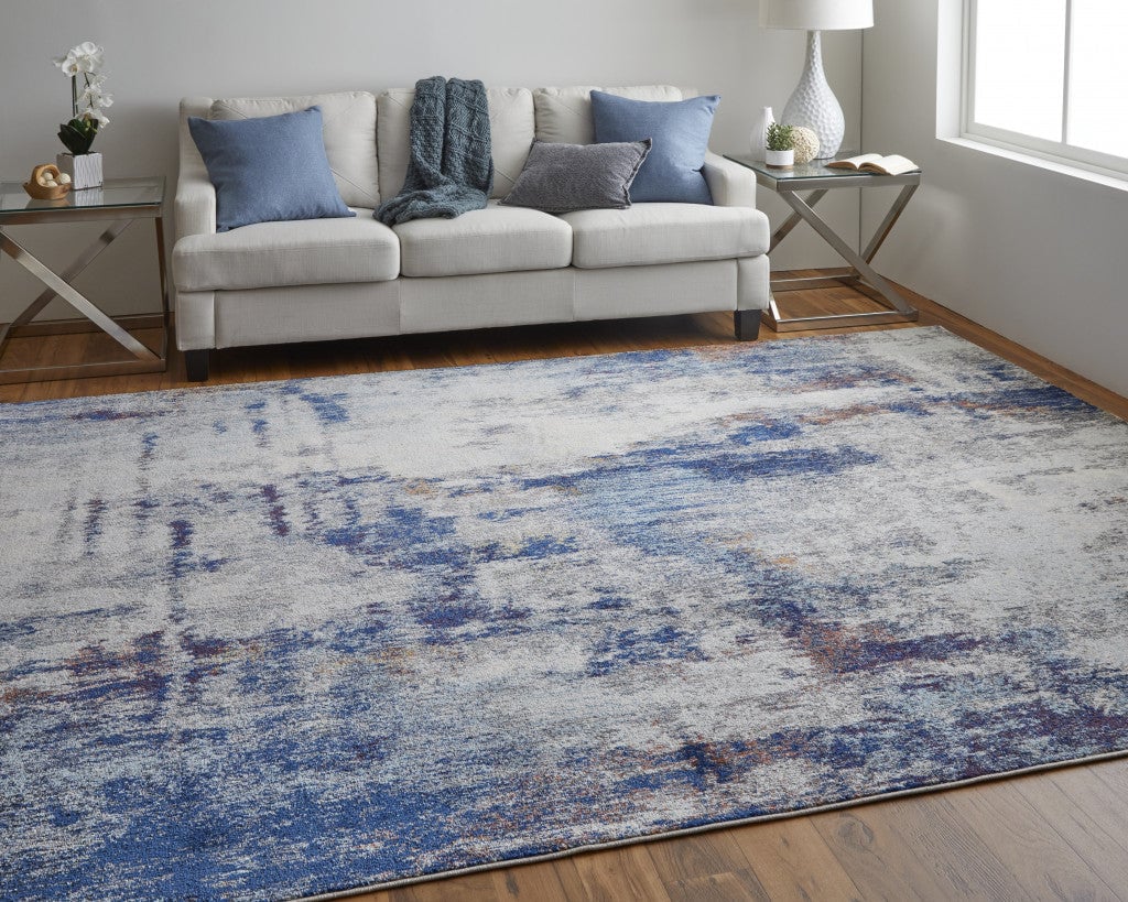 8 X 10 Ivory And Blue Abstract Power Loom Distressed Stain Resistant Area Rug Image 4