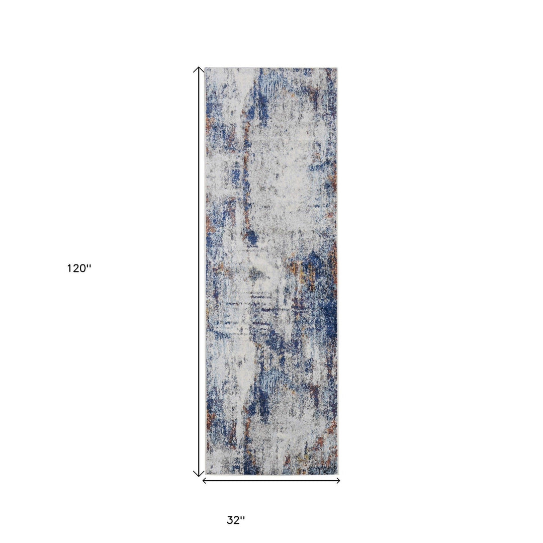 8 X 10 Ivory And Blue Abstract Power Loom Distressed Stain Resistant Area Rug Image 6