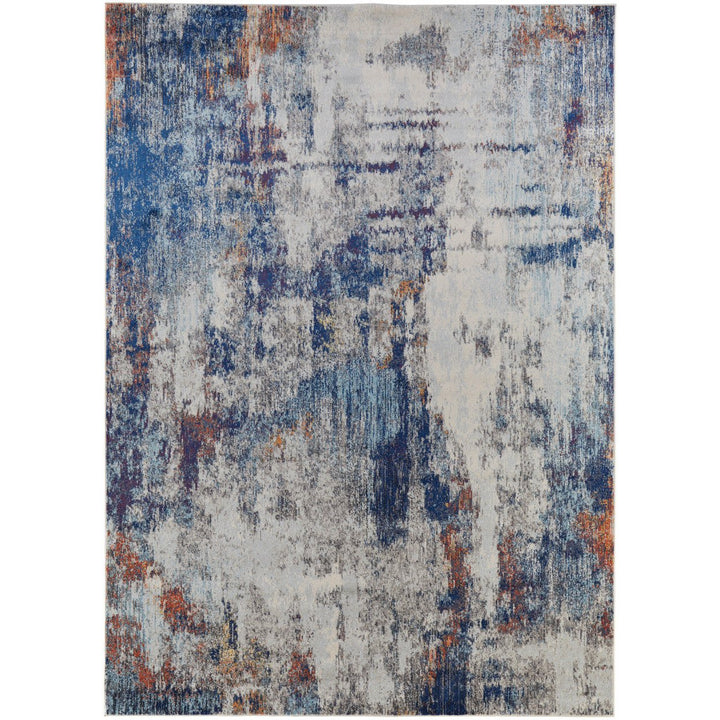 8 X 10 Ivory And Blue Abstract Power Loom Distressed Stain Resistant Area Rug Image 9