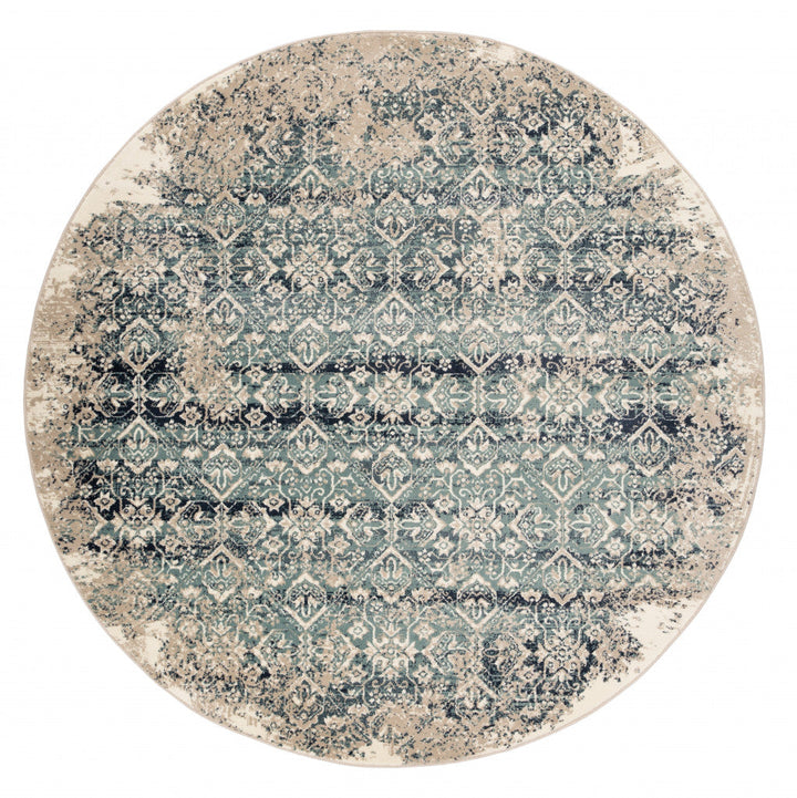 8 Ivory and Blue Round Oriental Area Rug Image 2