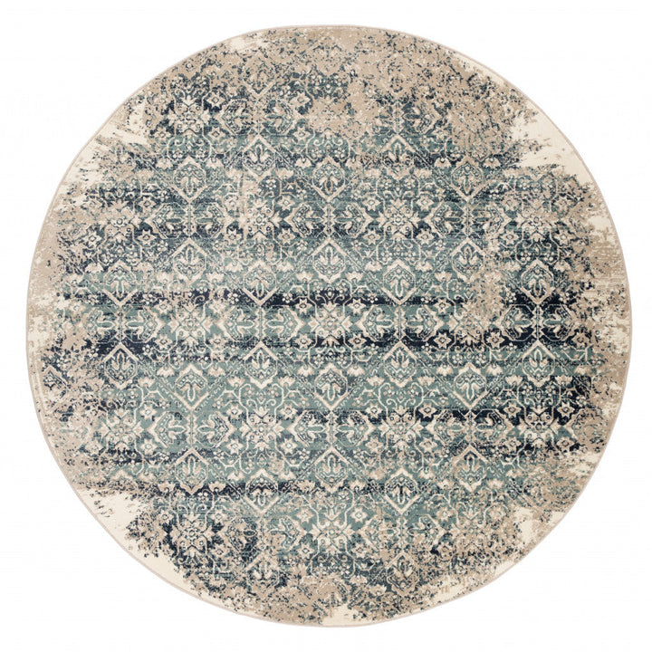 8 Ivory and Blue Round Oriental Area Rug Image 3