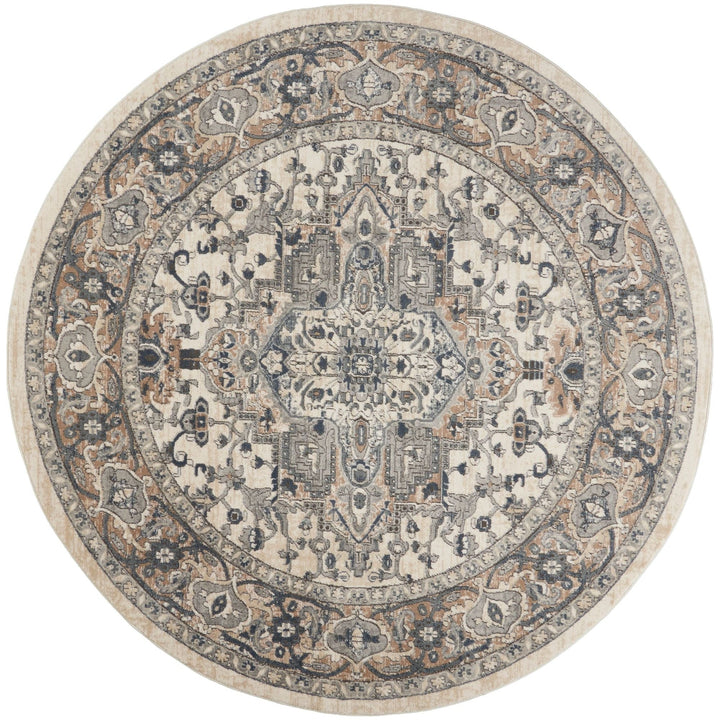 8 Ivory And Grey Round Oriental Power Loom Non Skid Area Rug Image 1