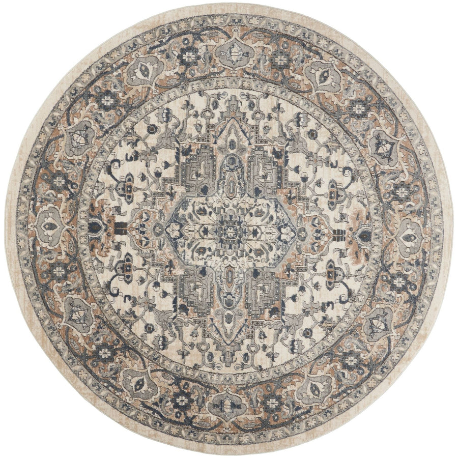 8 Ivory And Grey Round Oriental Power Loom Non Skid Area Rug Image 1