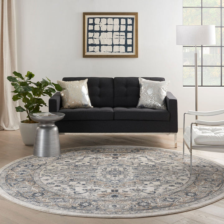 8 Ivory And Grey Round Oriental Power Loom Non Skid Area Rug Image 5