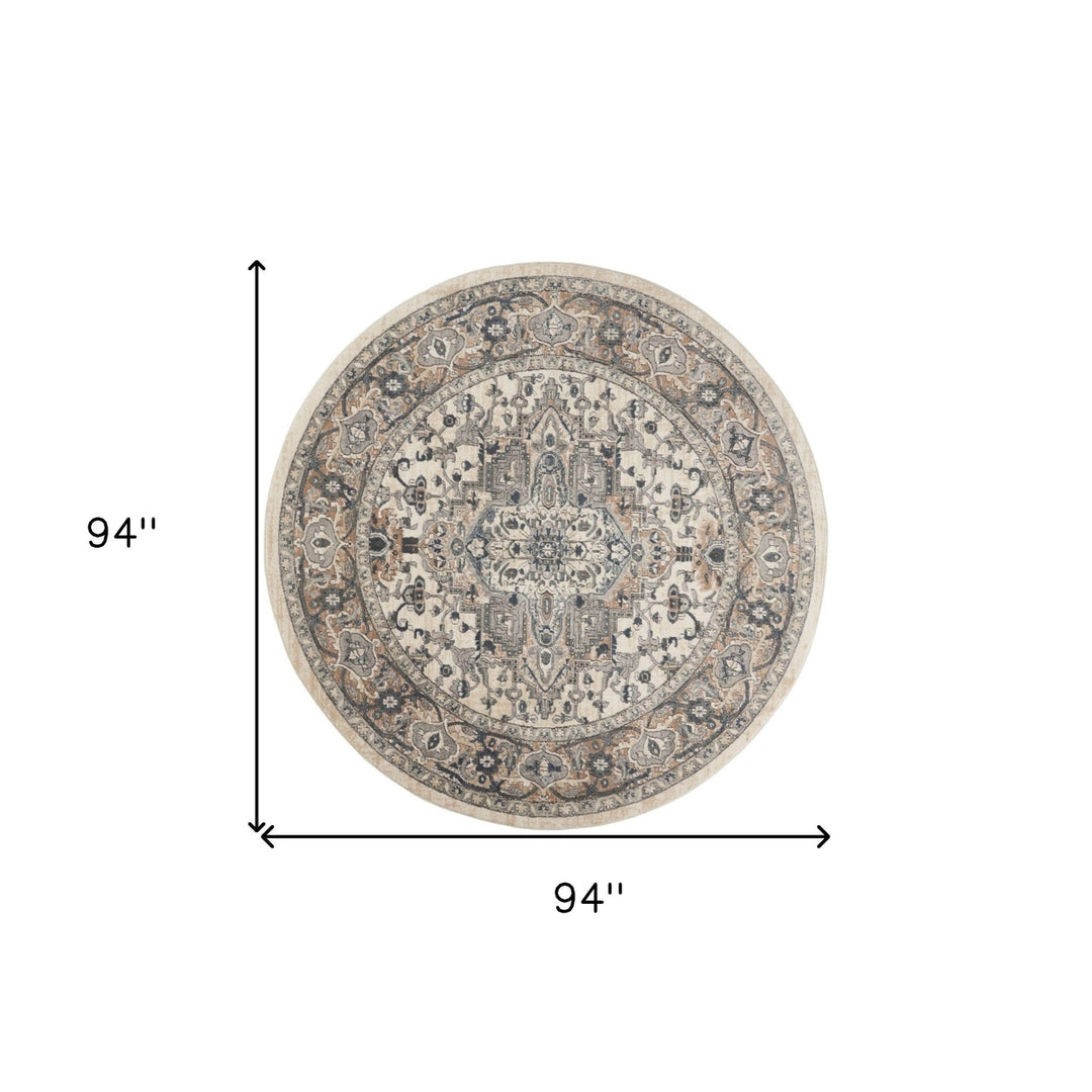 8 Ivory And Grey Round Oriental Power Loom Non Skid Area Rug Image 6