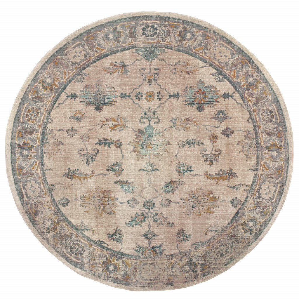 8 Ivory Blue Gold And Grey Round Oriental Power Loom Stain Resistant Area Rug Image 1